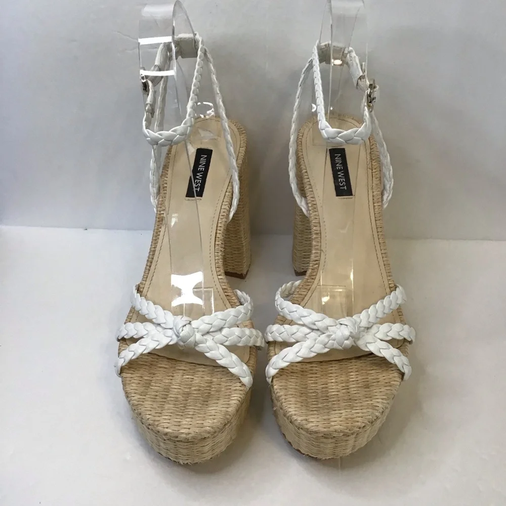 NINE WEST Women's RYLIN White Tan Raffia Chunky Platform Sandals 10